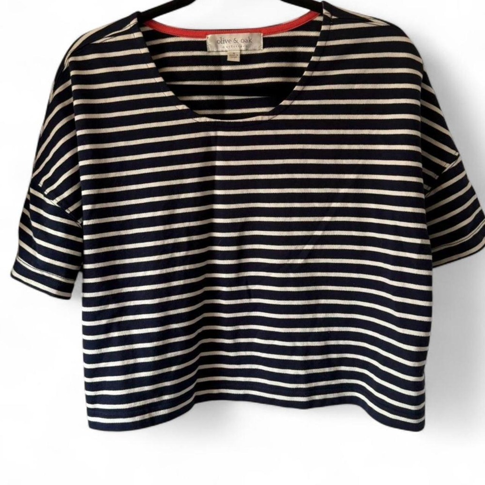 Olive & Oak Navy White Striped Cropped T-Shirt Navy Multi LV1S6615 Medium
